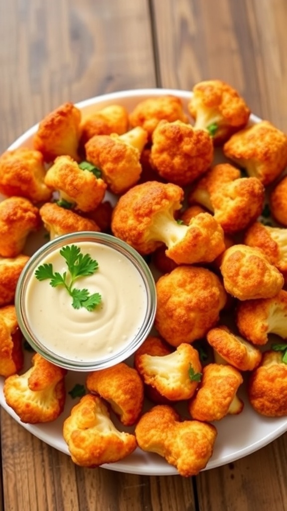 Crispy baked cauliflower nuggets served with dipping sauce on a rustic wooden table.